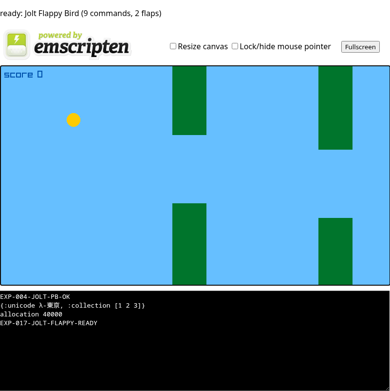 Chromium capture of Jolt Flappy Bird with sky, gold bird, three green pipe pairs, and score.