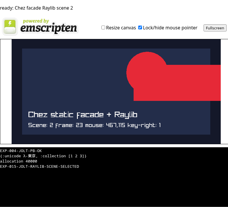 Verified Chromium capture showing the Raylib canvas with green input-controlled shapes and Jolt runtime output.